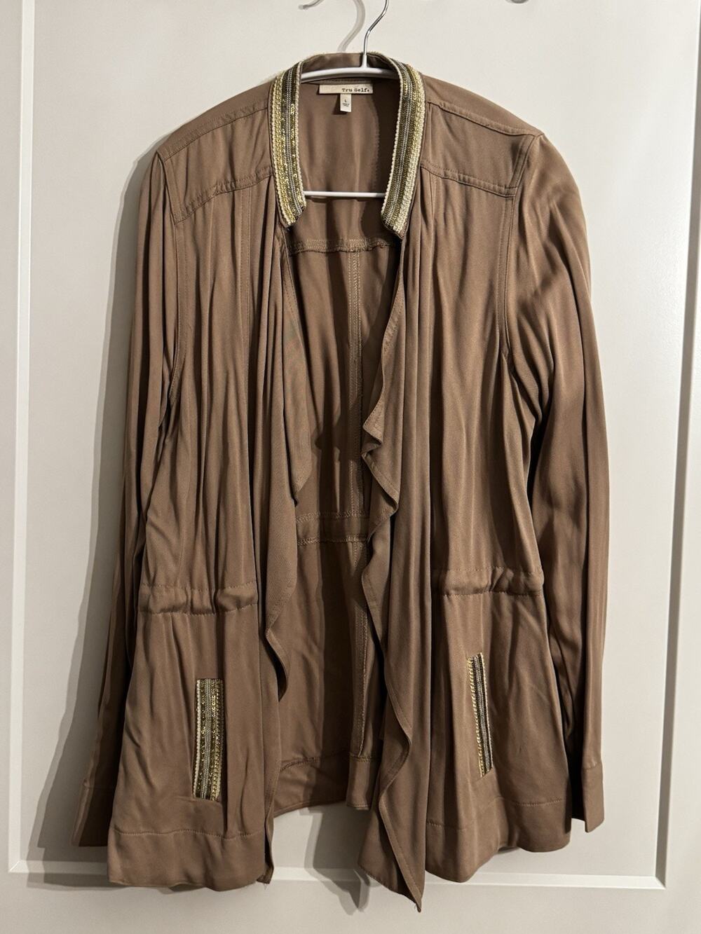 WOMAN'S TAN BEADED BLAZER/JACKET BY:TRU SELF Sz L Boho Lagenlook Office Work